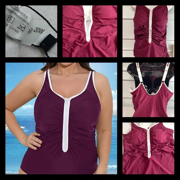 Burgundy and white zipper front one piece swimsuit. 5 - Picture 3 of 6